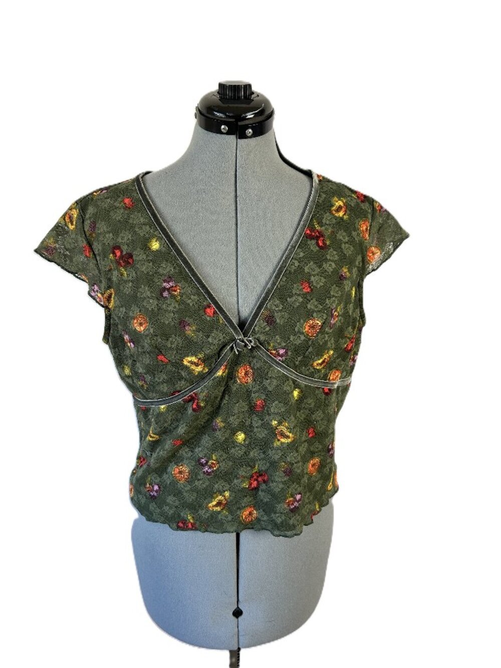 Stitch & Pine Baby Doll Fruit Print T Shirt XL Green Lace